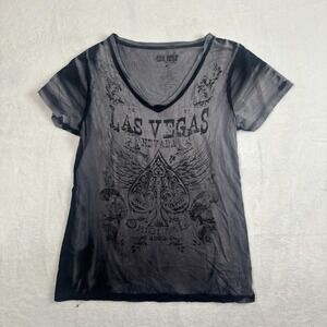Y2K The Strip Las Vegas Nevada Wings Floral V-Neck Grey SS Shirt Women's M